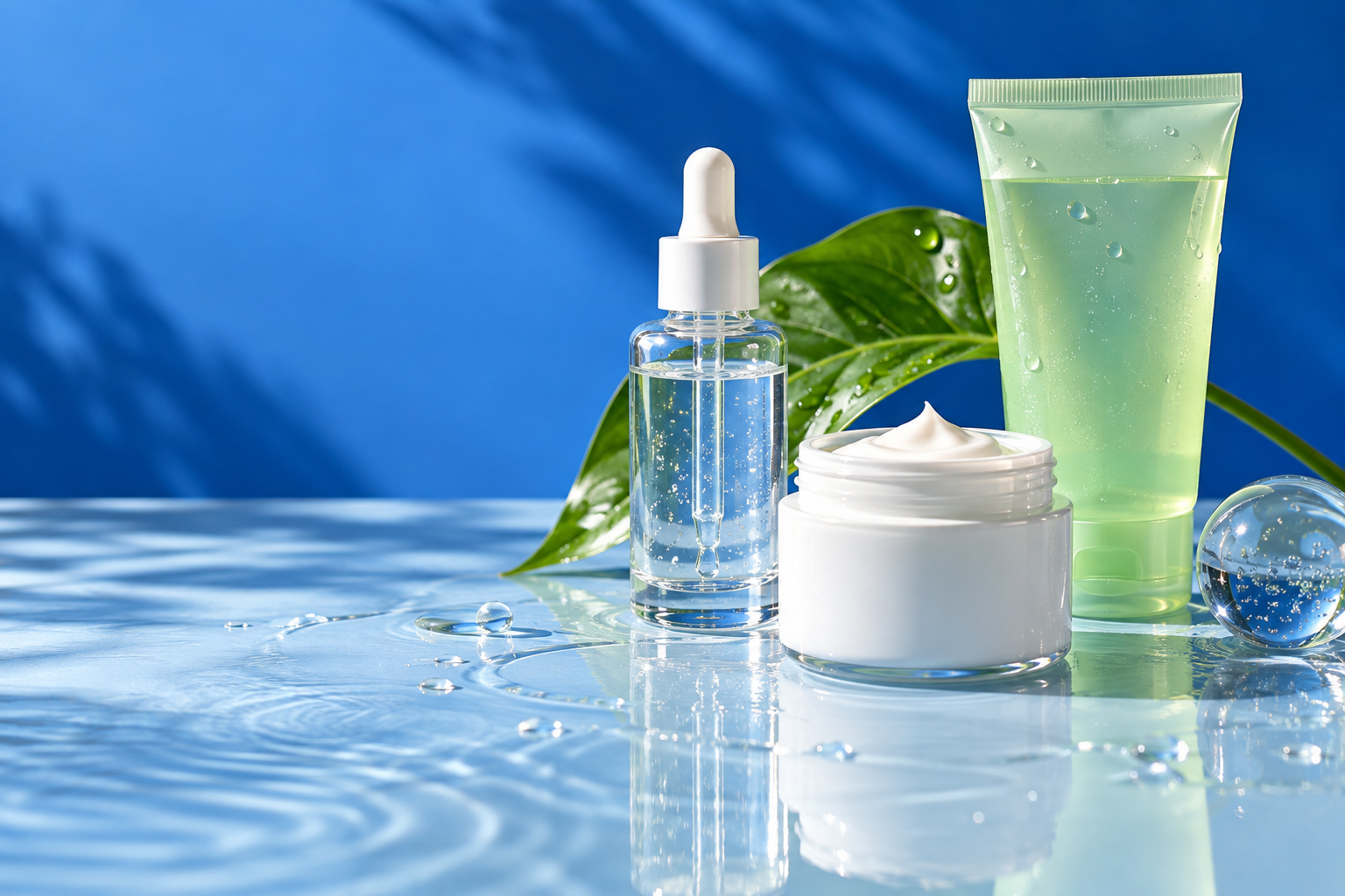 Composición editorial de envases de cosmética sin marca, sobre una superficie azul